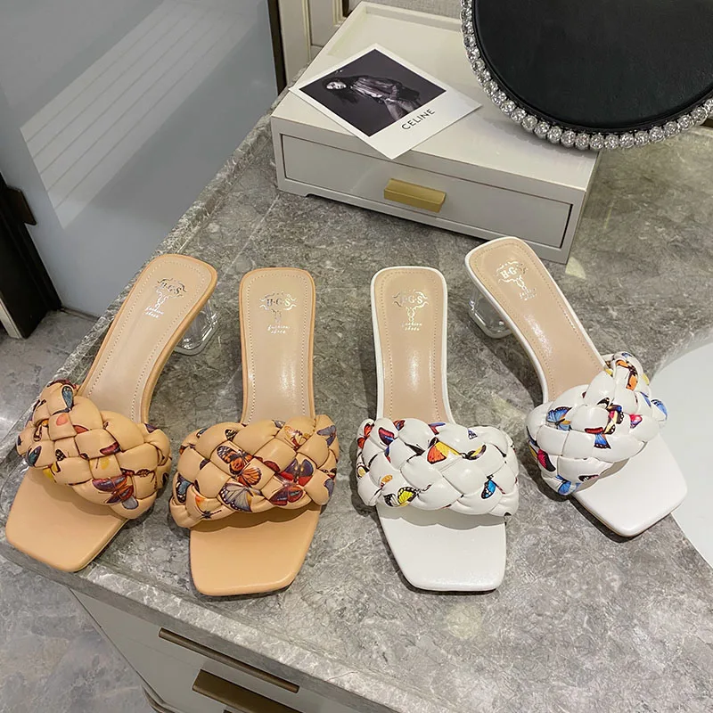 

2021 Summer New Women Slipper Fashion Candy Colors Patent Leather Sandal Shoes Ladies Thin High Heel Female Slides Flip Flop