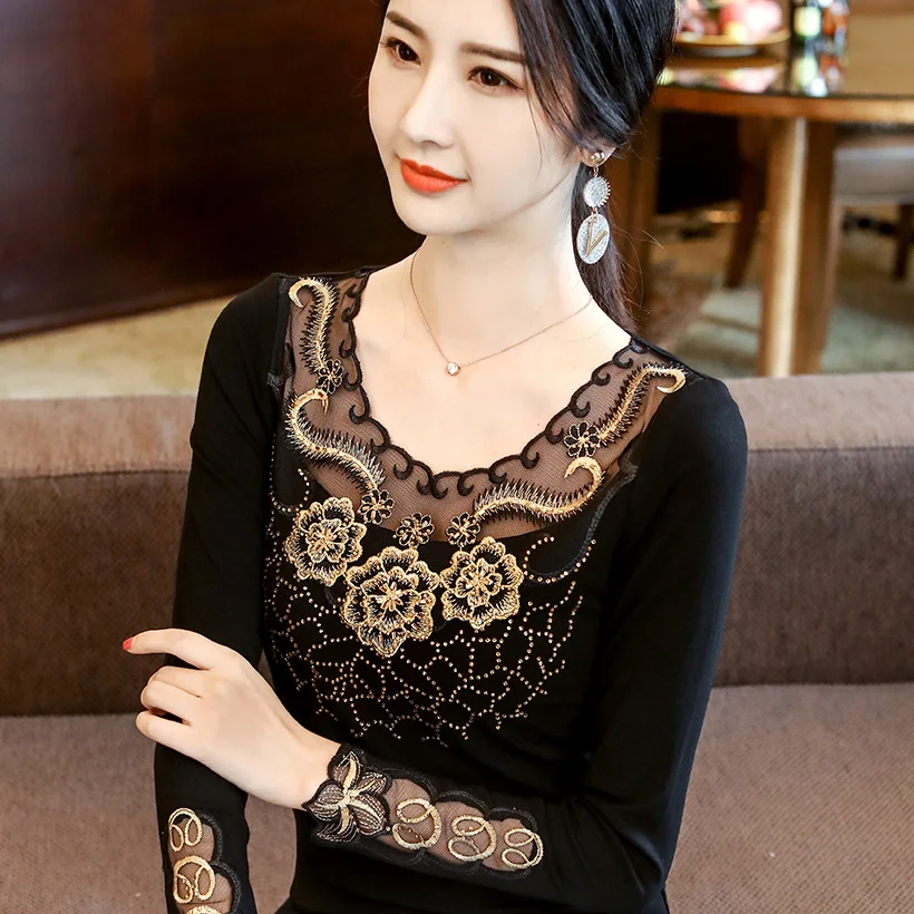 

blusas mujer de moda 2019 Autumn long sleeve diamond shirt Fashion casual hollow out mesh t-shirt Plus size black women tops
