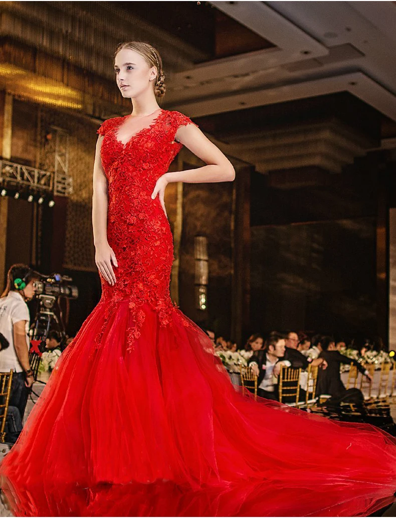 

jurk new Design sexy see through back mermaid Lace vestido de noiva bridal gown red robe de mariage Bespoke Wedding Dresses