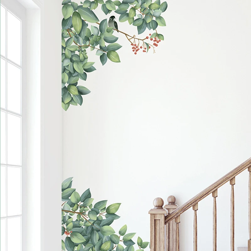Самоклеящиеся креативные настенные наклейки с зелеными листьями и птицами для