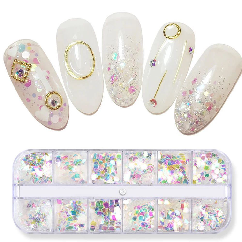 

12 Grids/Set Mixed Shape Clear Color AB Glitter Nail Sequins Tips For UV Gel 3d Decor Manicure Nail Flakes