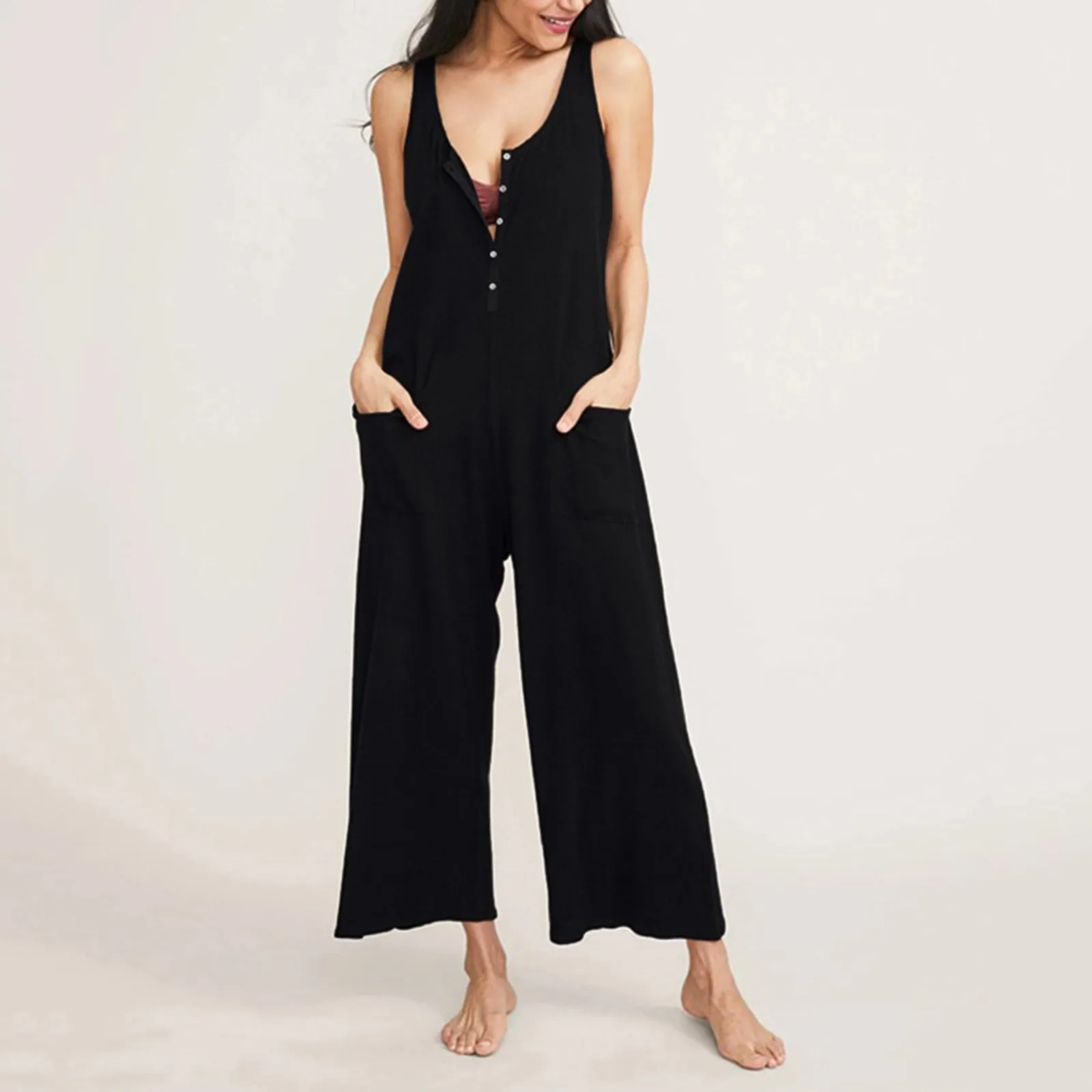 

Womens Jumpsuits Casual Button Deep V Neck High Waist Wide Leg Rompers Wide Leg Solid Color Black Playsuits Monos Combinaisons