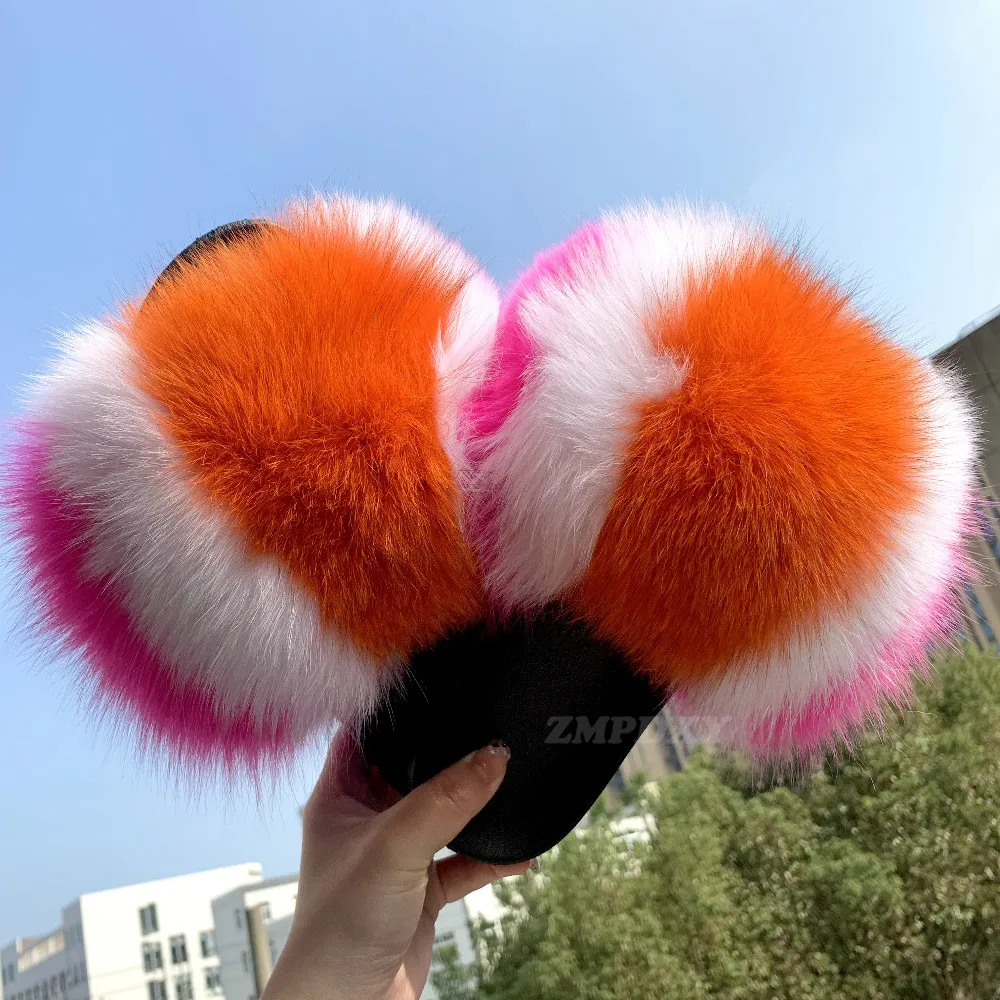 

Fur Slides For Women Indoor Home Flat Plush Slippers Ladies Real Fluffy Fox Fur Slides Soft Furry Non-slip Sandals Beach Shoes