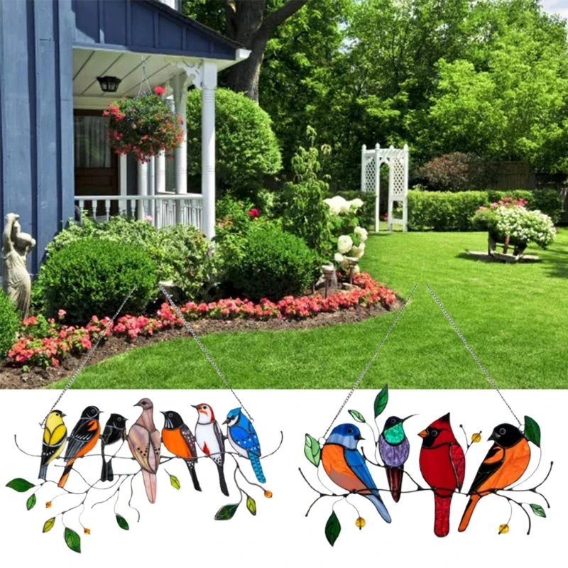 

Multicolor Birds on a Wire High Stained Acrylic Suncatcher Window Panel Bird Series Ornaments Pendant Home Decoration Gifts home