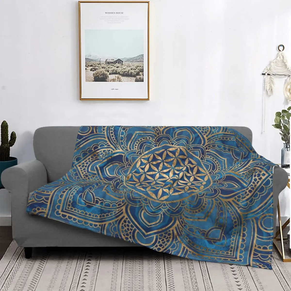 

Flower Of Life In Lotus Mandala Blue Marble And Gold Blanket Flannel Decoration Breathable Soft Throw Blankets for Sofa Office