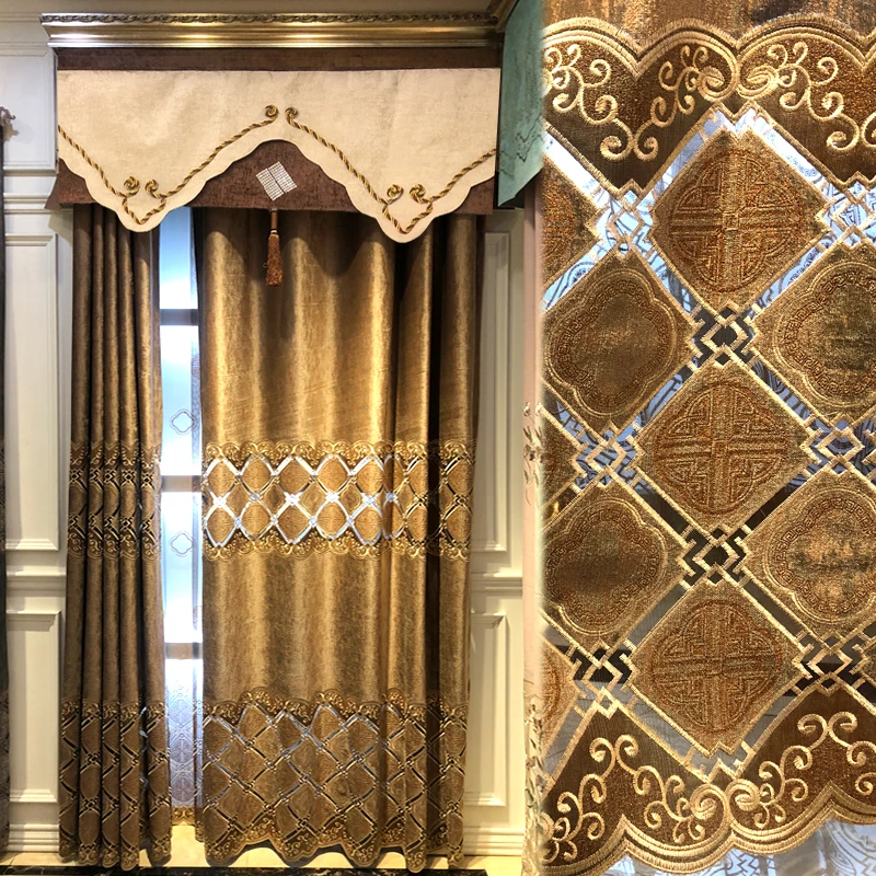 

Coffee luxury villa new Chinese simple European high grade living room bedroom flannel embroidered curtain and window screen