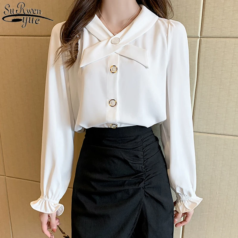 

Autumn Flare Long Sleeve White Chiffon Blouse Women Office Lady V Neck Button Cardigan Women Shirt Elegant Solid Blusas 10574