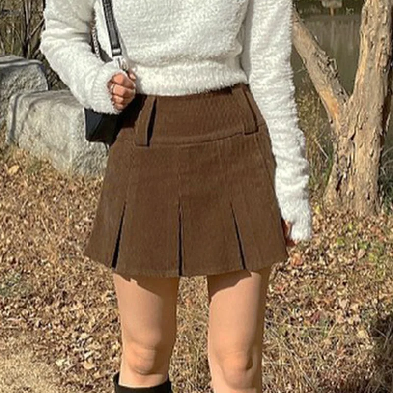 

Women Vintage 90s Aesthetic School Girl Mini Skirt Hem Brown Corduroy Y2K Pleated Skirts Cute Kawaii Clothes