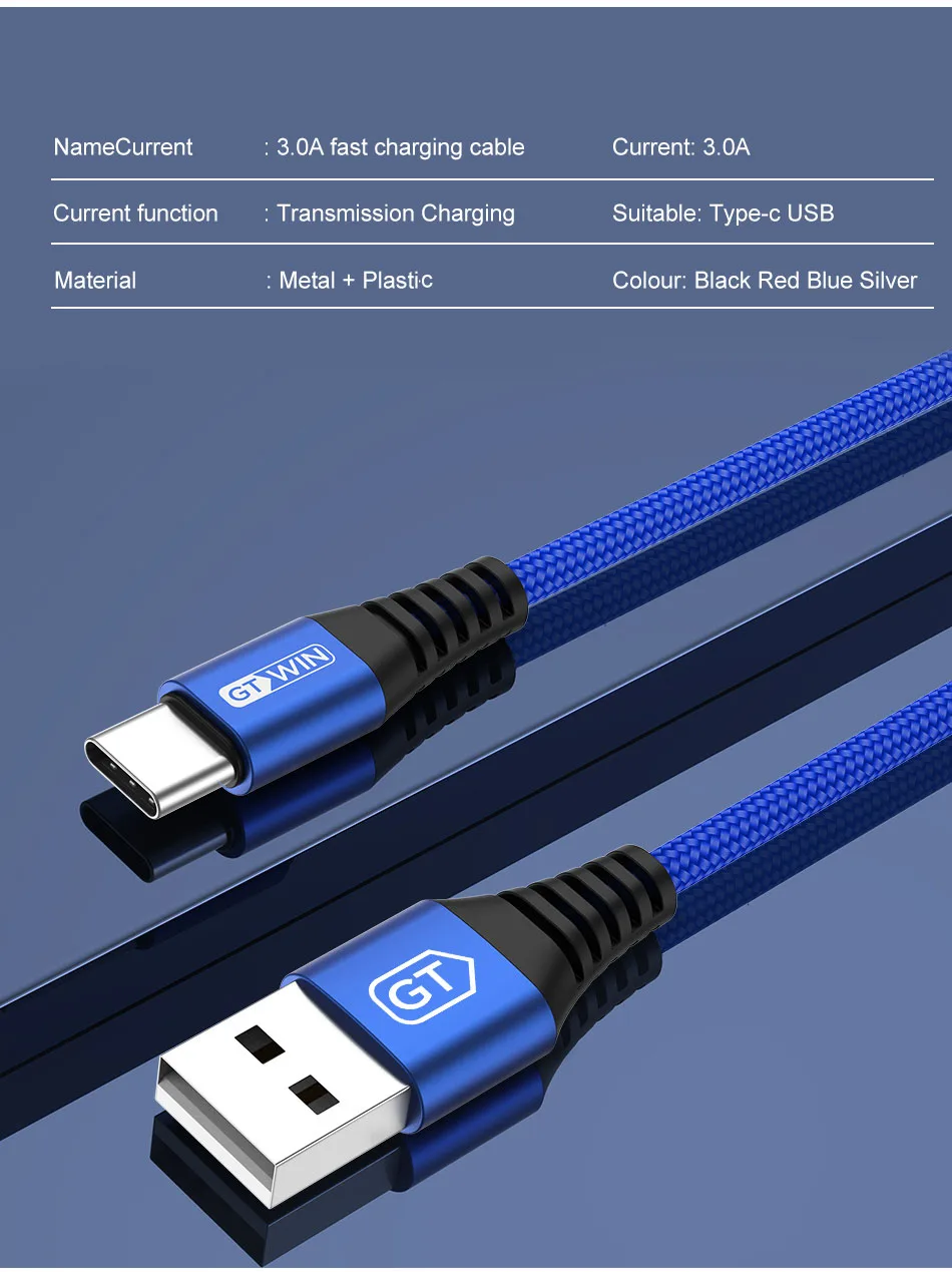 GTWIN 3A type C USB кабель быстрое зарядное устройство для samsung S10 S9 S8 мобильный телефон зарядный провод для Xiaomi mi9 Redmi note 7 Android