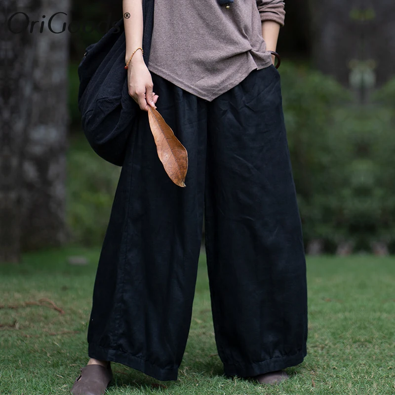 

OriGoods Linen Pants Women Summer Wide leg Pants 2020 New Original Design Linen Pants Loose Casual Linen Trousers For Women E001