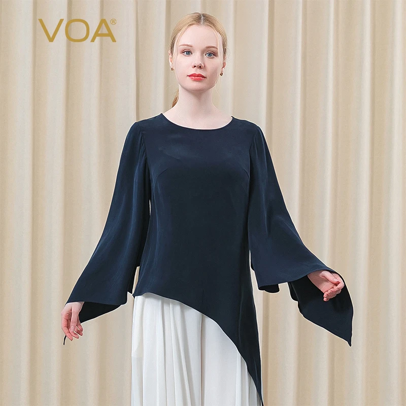 

VOA 30m/m Heavy Silk Round Neck Feifei Sleeve Dovetail Hem Asymmetric Old Loose European and American Simple T-shirt BE585