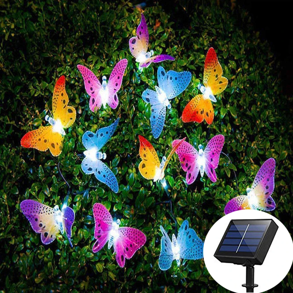 

12LED Colorful Solar Powered Butterfly Fiber Optic Fairy String Lights Waterproof Fairy Outdoor Garden Holiday Decoration Lights