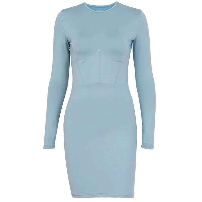Shstyle/синее облегающее платье с длинными рукавами и круглым вырезом женское