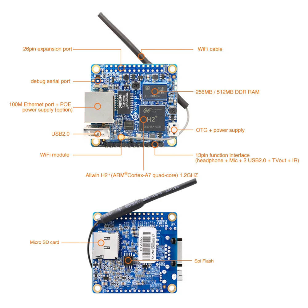 Оранжевый Pi Zero H2 четырехъядерный инструмент для разработки 256MB 512MB