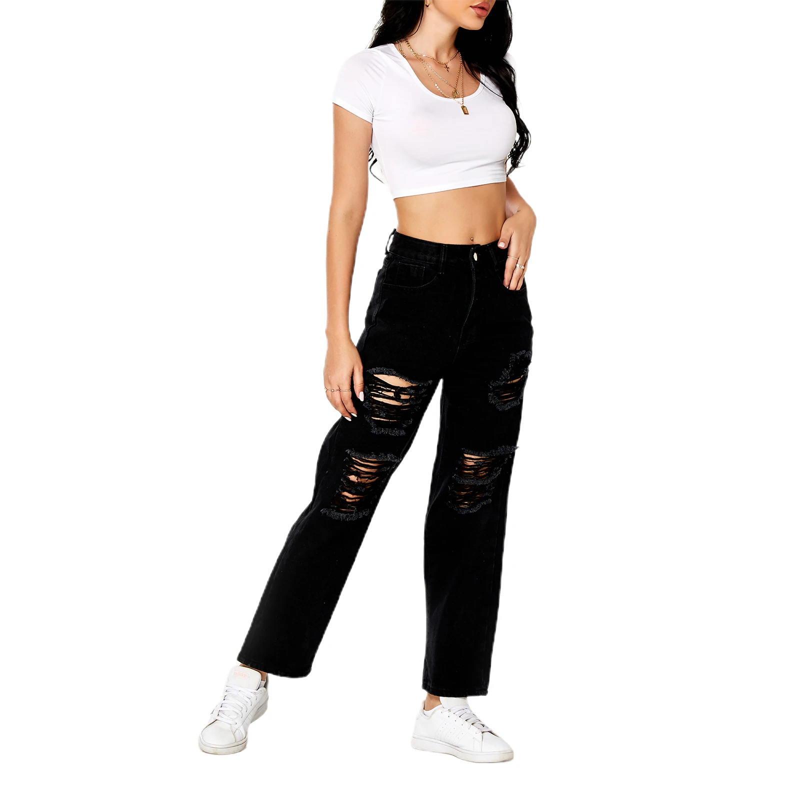 

Solid Color Casual Wild Hole Jeans High Waist Straight Trousers Female Stylish Daily Streetwear Ripped Pants with Pockets