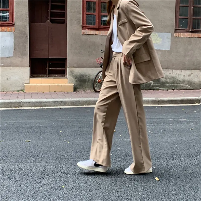 HziriP Autumn All Match Office Lady OL Style Solid Elegant Blazer+Straight Casual Loose Trouser Women Suits 2 Piece Sets