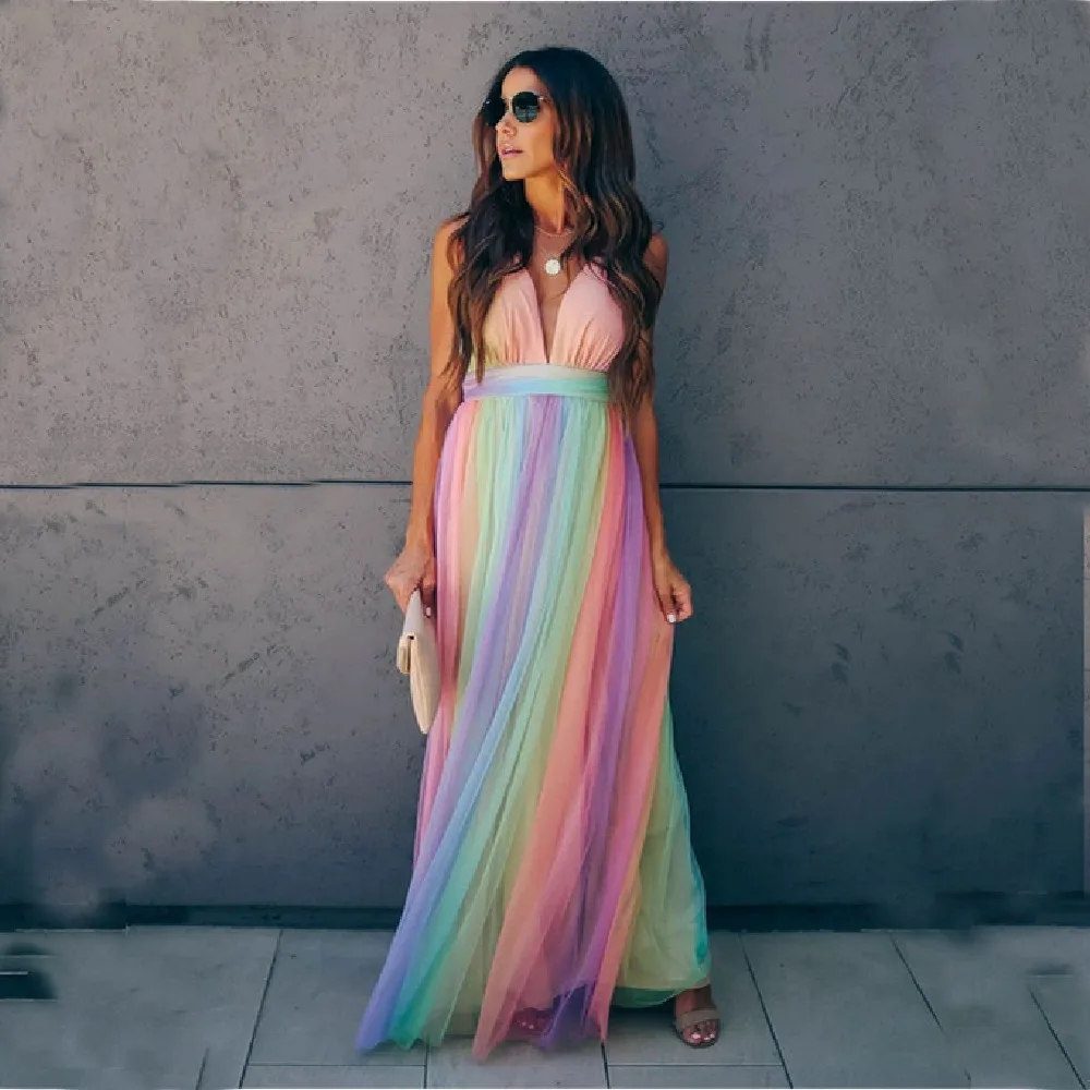 Женское пляжное платье без бретелек разноцветное Макси большого размера пляжный