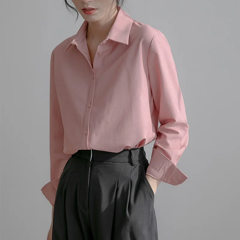 Women's Blouse Turn-down Collar Shirt Top Loose Long Sleeve Top Solid Color Women Clothes Plus Size