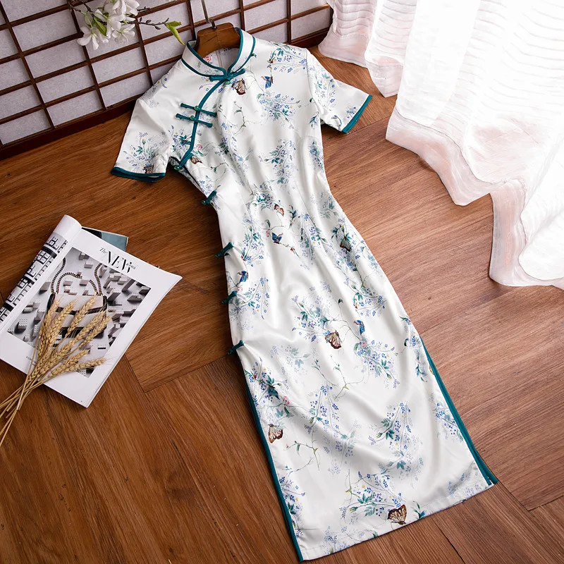 

Женское атласное платье-Ципао с коротким рукавом, элегантное вечернее платье в китайском стиле с цветочным принтом и воротником-стойкой, ле...