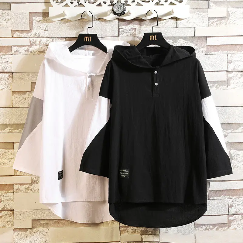 

2020 summer New t-shirt thin section men's hooded fat plus size Korean version of the trend seven-point sleeve white top Hot