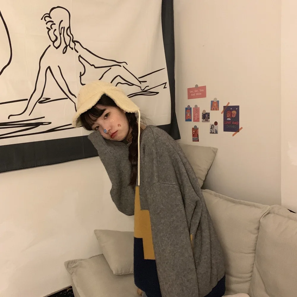 

2020 new Fashion knitted Crew neck sweater women splice Block Mid-length Leisure Loose Korean Kawaii long sleeve friends gift