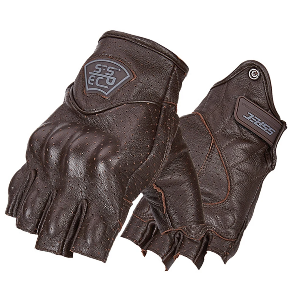 

Brown Motorcycle Gloves Genuine Leather Retro Vintage Biker Moto Gloves Summer Gloves Motocross Motorbike Half Finger Gloves