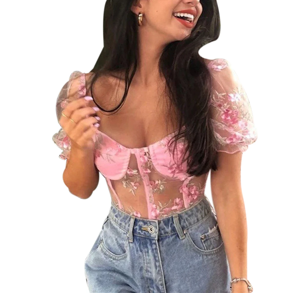 Женские летние топы с квадратным вырезом коротким рукавом и цветочной вышивкой |