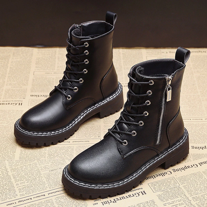 

2021 New Ankle Boots Women Shoes Black PU Leather Punk Gothic Boots Short Plush Fur Autumn Winter Boots Zip Lace Up Combat Boots