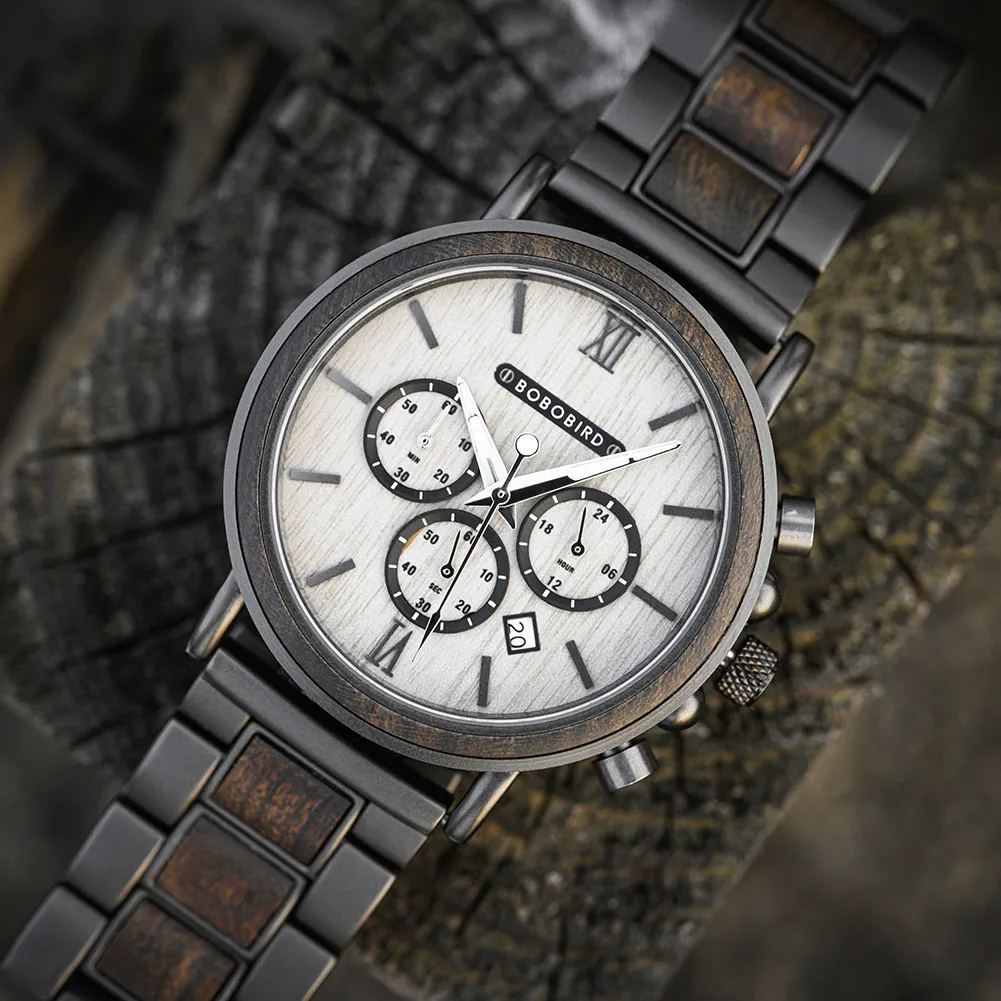 

Wood BOBO BIRD Men's Watch Green Luminous Hands Auto Date Chronograph Timepieces Luxury Wristwatches with Box Relogio Masculino