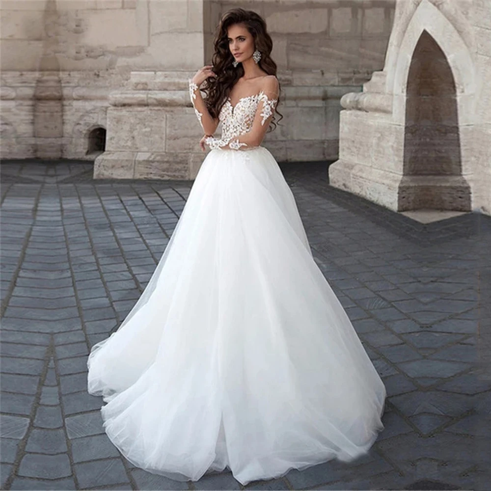 

Elegant Wedding Dresses 2021 Lace Appliques Long Sleeve Backless Tulle Ball Gown Court Train Bridal Gown Vestido De Novia