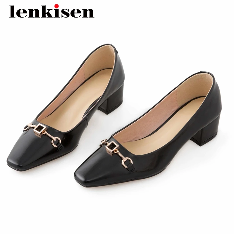 

Lenkisen large size cow patent leather streetwear metal decorations square toe thick med heel slip on soft gentlewomen pumps L17