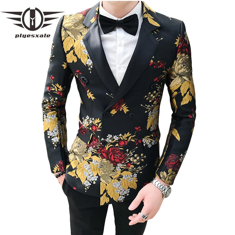 Mens Fashion Gold Floral Printed Blazers Double Breasted Blazer Men 2019 Elegant Casual Blazer For Men Wedding Prom Dress Q782