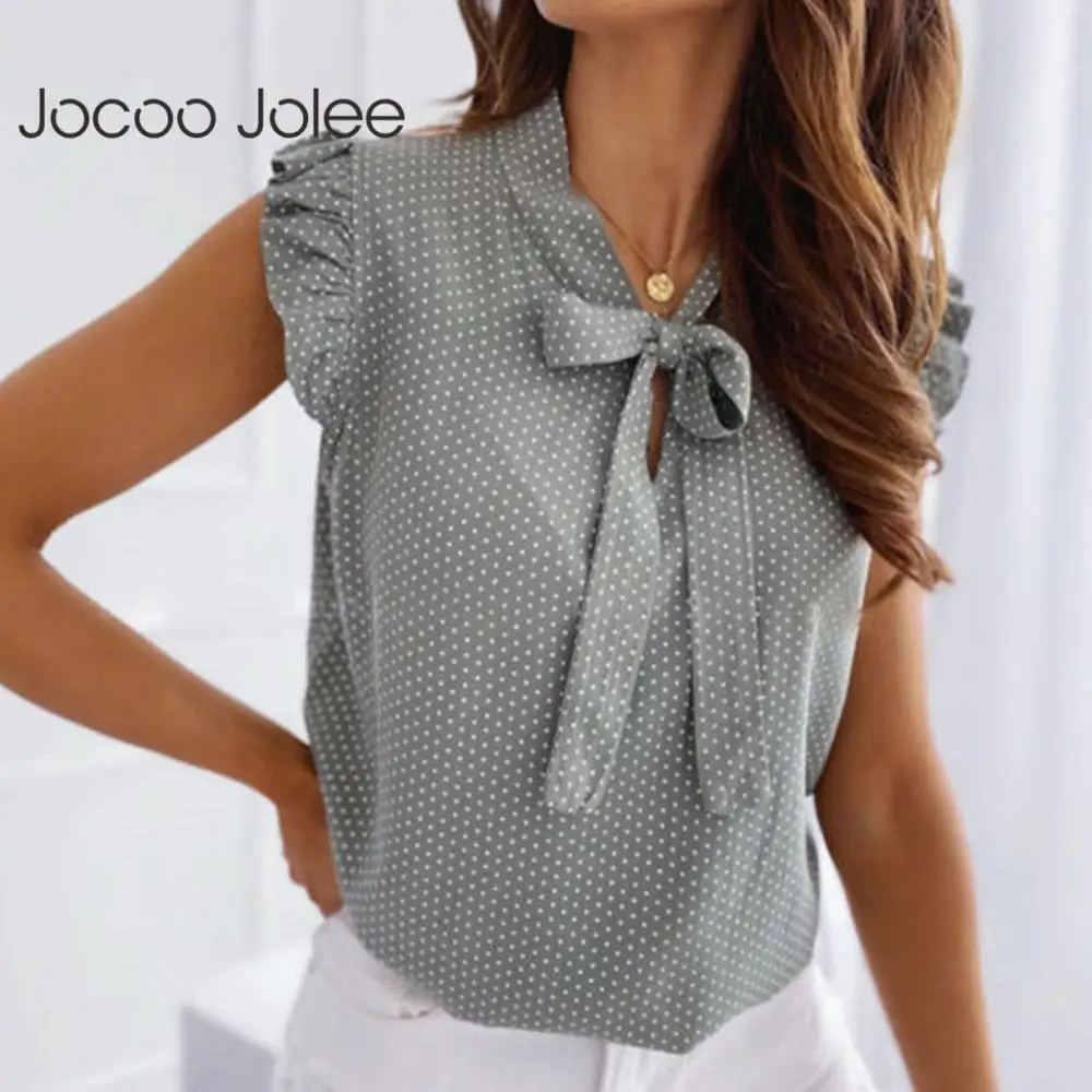 

Jocoo Jolee Blouses Short Sleeves Shirt Summer Bow Lace Up Polka Dot Female Ruffle Pullover Vintage Bluse shirt Womens Sexy Tops