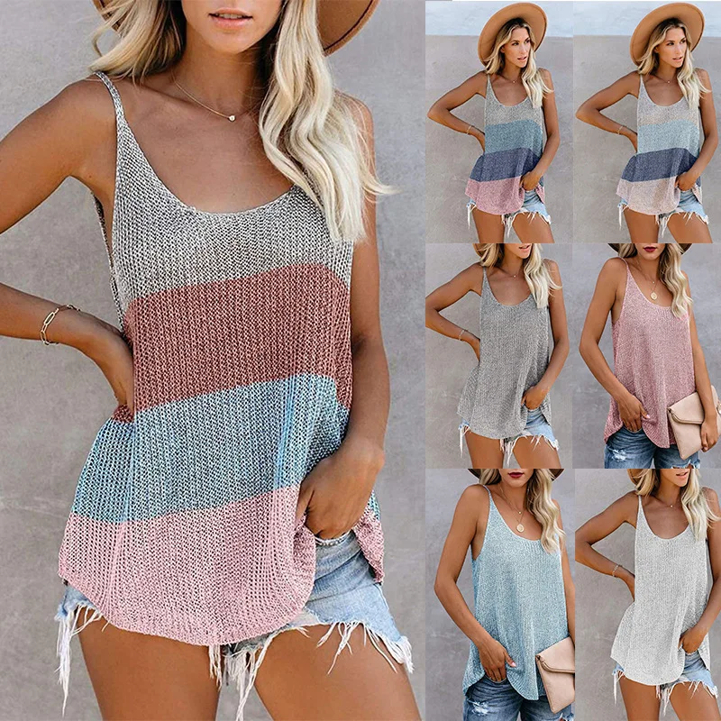 

Sexy Tank Tops Summer Women Knit Vest Color Collision O-Neck Sleeveless V Neck Camis Tops Female Casual Loose Camisole Plus Size