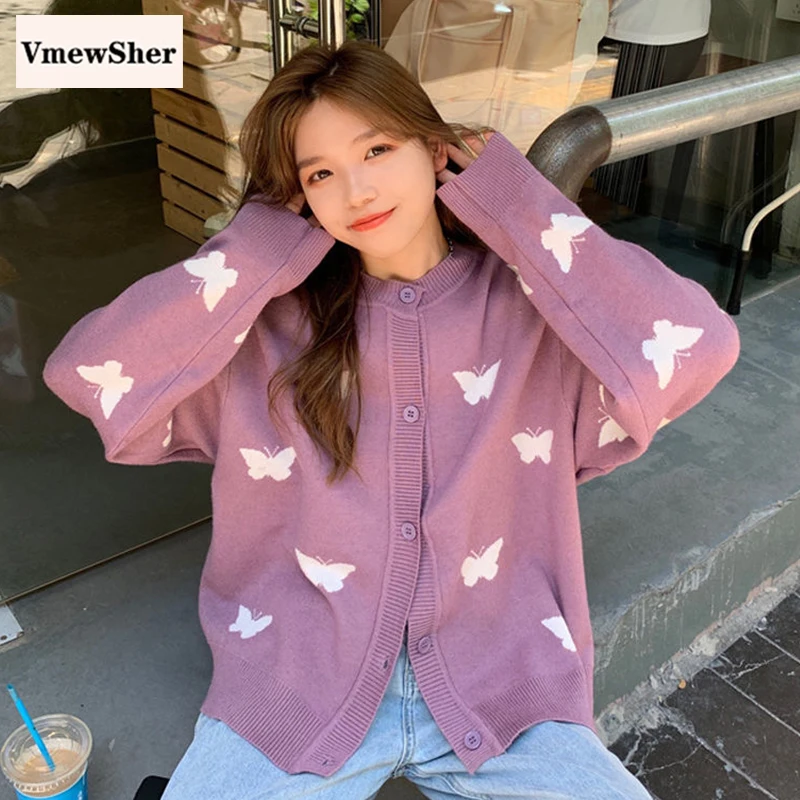 

VmewSher New Butterfly Print Cardigans Sweater Coat Women Autumn O-Neck Casual Knitwear Fashion Loose Single Breasted Streetwea