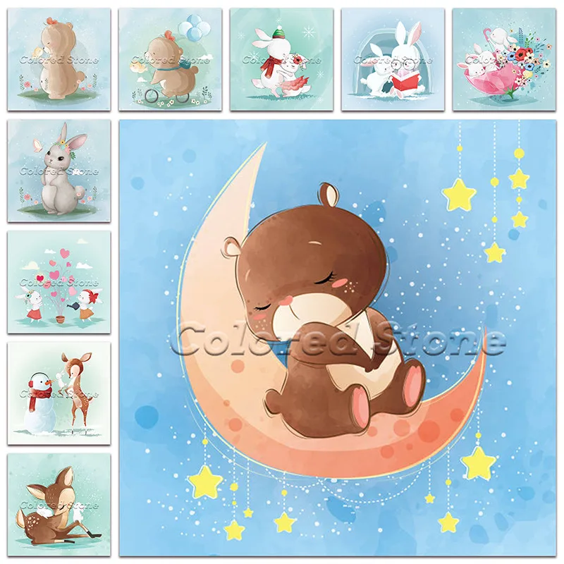 Алмазная живопись Мультяшные животные Медведь Кролик луна олень 5D сделай сам