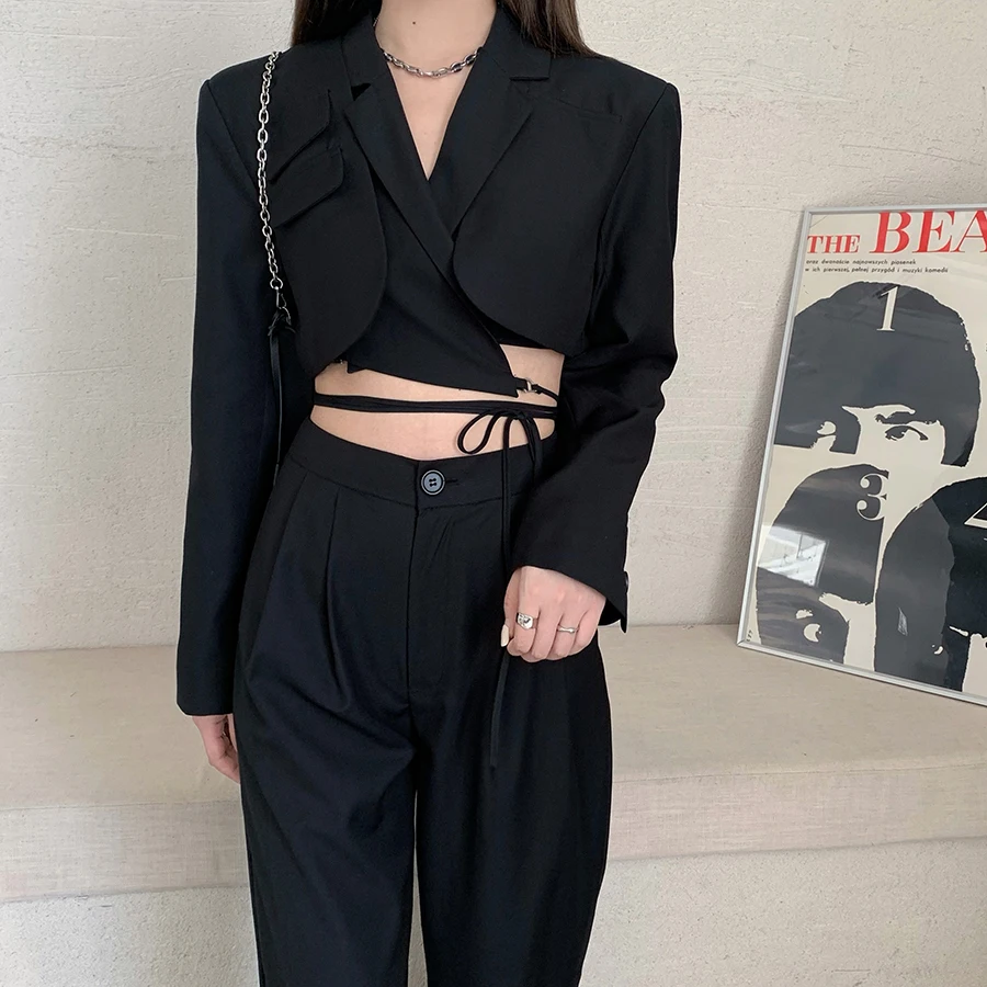 

2 Piece Sets Womens Outfits Ladies Office Notched Collar Long sleeve Sexy Lace UP short Coat and High Waist Wide Leg Long Pants