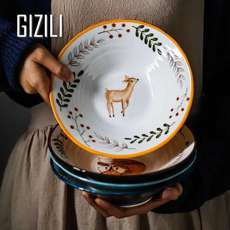 

8 Inch Japanese Ramen Bowl Rice Pasta Bowl Fruit Salad Bowl Forest Animal Soup Large Bowl Microwave Ceramic Restaurant Tableware