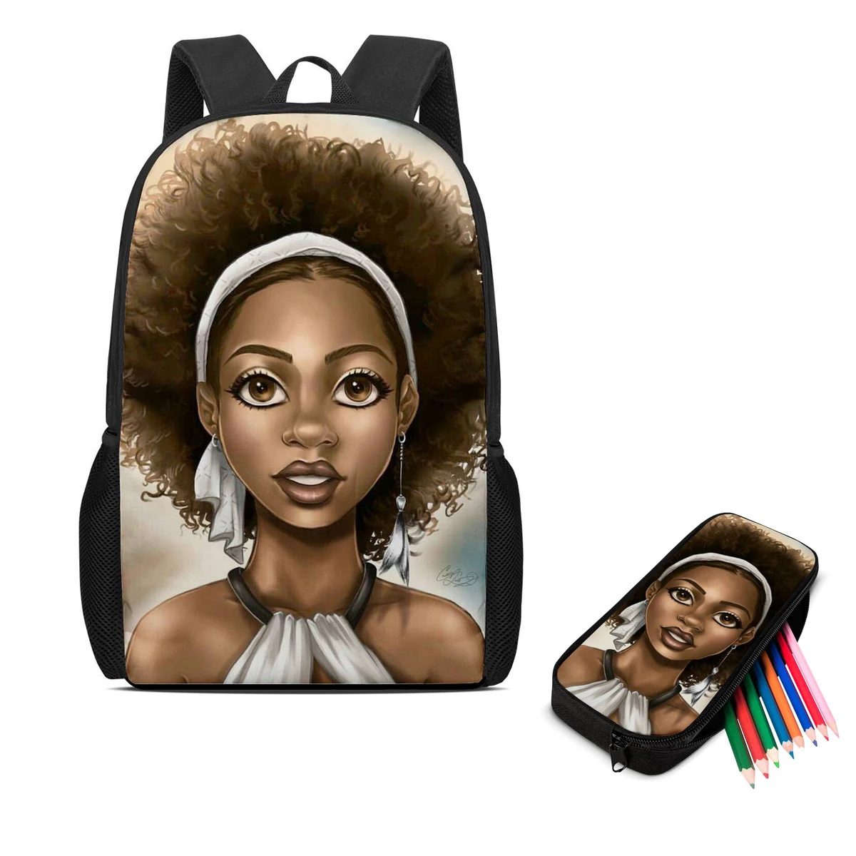 

Image Custom Black Girl Afro Cartoon 2Pcs Set Schoolbags Teenagers Girls Student Travel School Book Bag Kids Mochila Backpack