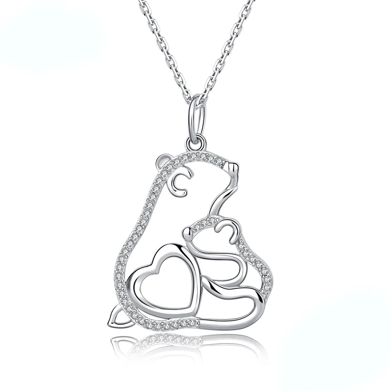 Ожерелье из серебра 925 пробы с кулоном в виде милого медведя мамы и ребенка белым