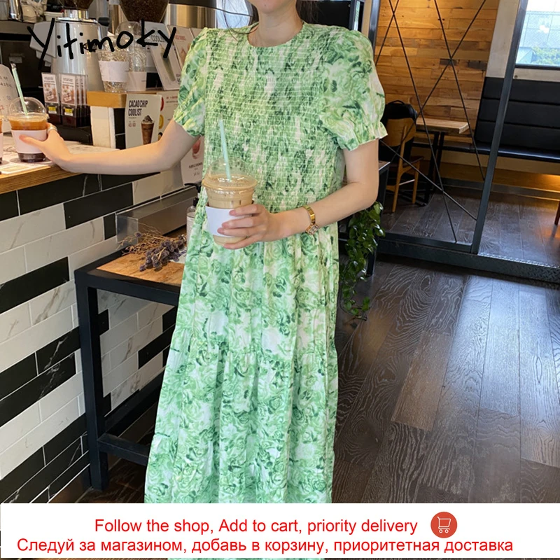 

Yitimoky Puff Sleeve O-Neck Woman Dress 2021 Summer Fashion Korean New Button Up Folds Print Boho Green Elegant Long Dress