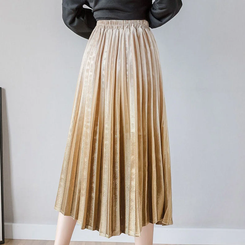 

Pleated gold velvet skirt for women's spring 2021 new medium length gradual change A-line long skirt high waist organ skirt