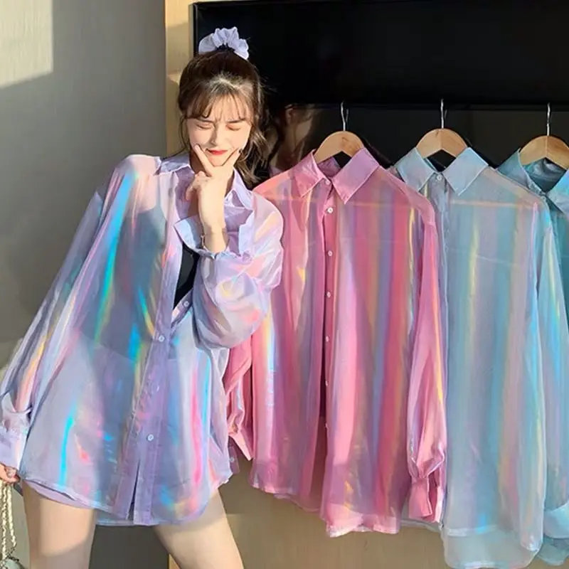 

Women's Blouse Coat Colorful Rainbow Striped Long Sleeves Loose Sun-protective Clothing Wholesale 2021 New Fashion Lady Clothes