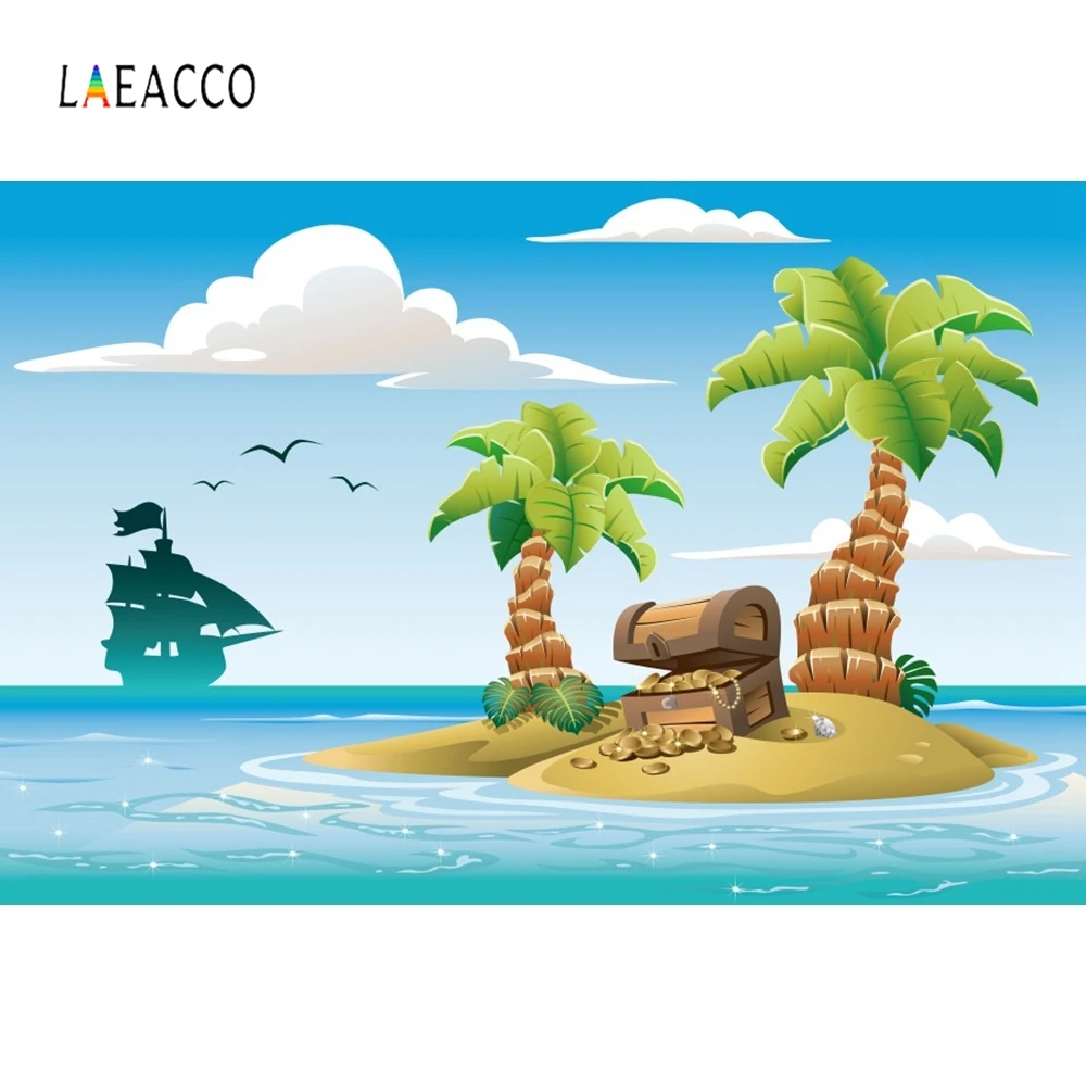 

Laeacco Summer Photophone Sea Beach Palms Trees Treasure Pirate Ship Photography Backgrounds Photo Backdrops For Photo Studio
