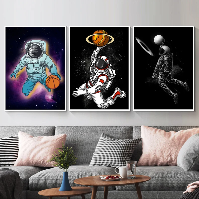 

Funny Cartoon Art Astronaut Playing Basketball In Space Canvas Painting Poster Print Wall Art Picture Cuadros Home Decoration