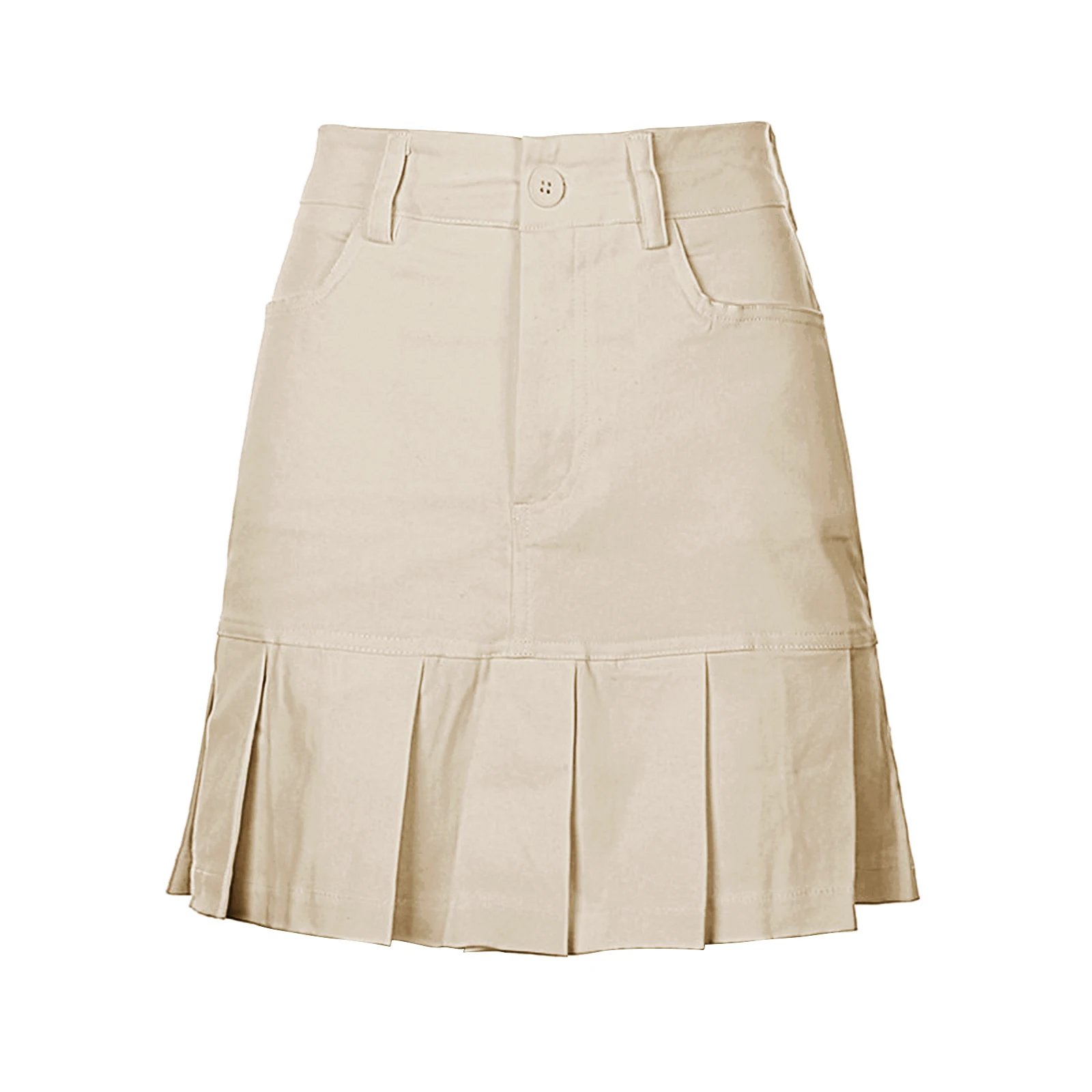 

2021 Summer Women Fashion Casual Pleated Hem Skirt, Solid Color High Waist Short Skirt with Pockets, Blue/ Khaki