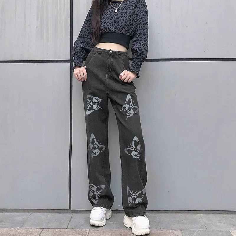 

Women Jeans New Summer Vintage Jeans Woman Long Trousers Cowboy Female Loose Streetwear Butterfly Print Pants