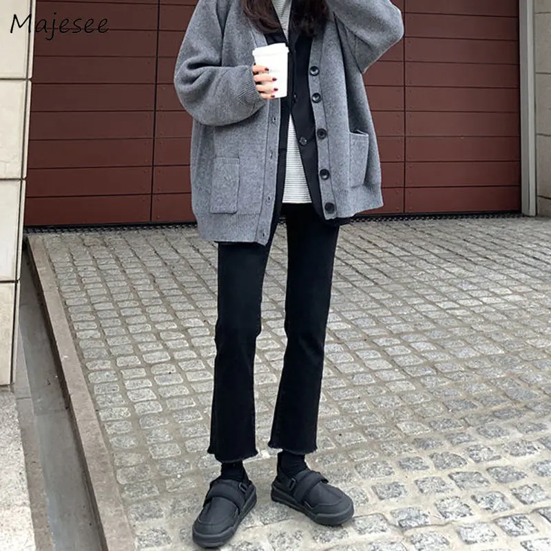 

Jeans Women Winter Plus Velvet Thicken Ankle-length Vintage Korean Style Ripped High Waist Trousers Chic Teens Female Daily BF