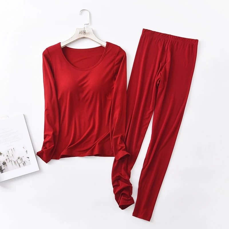 Autumn Winter Modal Pajamas Sets Women Padded Top Long Sleeve O-neck T-Shirt All Match Tee Long Johns Bra-T Homewear