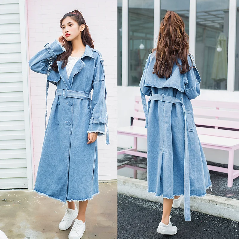 Женское осеннее джинсовое пальто двубортное с поясом диаметром d повседневное